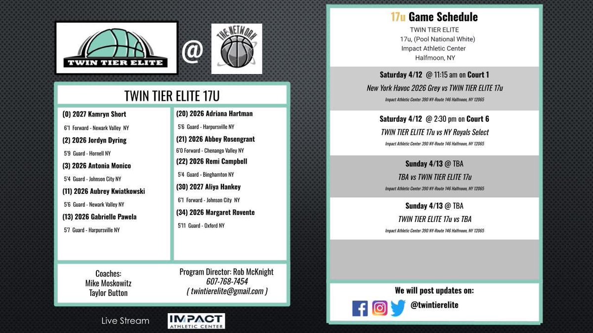 TWINTIERELITE (@twintierelite) on Twitter photo Our TWIN TIER ELITE 17u Squad’s game schedule is locked in! Stop courtside and see us tomorrow!
<a href="/NYGHoops/">NYGHoops</a> <a href="/NYSTakeover/">Empire State Takeover</a> <a href="/JrAllStar_NY/">New York Jr. All-Star GBB</a> <a href="/DaemenWBB/">Daemen Women’s Basketball</a> <a href="/DY_WBB/">D'Youville University Women’s Basketball</a> <a href="/BinghamtonUWBB/">Binghamton WBB</a> <a href="/BonniesWBB/">Bonnies Women's Basketball</a> <a href="/LeMoyneWBB/">Le Moyne Women's Basketball</a> <a href="/ClarionWBB/">Clarion WBB</a> <a href="/TierReport/">Southern Tier Sports Report</a> <a href="/STACWBB/">STAC Lady Spartans</a> <a href="/MolloyWBB/">Molloy WBB</a> <a href="/CsiWbb/">CSI Women’s Basketball</a>
#twintierelite
#seafoamfam Our TWIN TIER ELITE 17u Squad’s game schedule is locked in! Stop courtside and see us tomorrow!
<a href="/NYGHoops/">NYGHoops</a> <a href="/NYSTakeover/">Empire State Takeover</a> <a href="/JrAllStar_NY/">New York Jr. All-Star GBB</a> <a href="/DaemenWBB/">Daemen Women’s Basketball</a> <a href="/DY_WBB/">D'Youville University Women’s Basketball</a> <a href="/BinghamtonUWBB/">Binghamton WBB</a> <a href="/BonniesWBB/">Bonnies Women's Basketball</a> <a href="/LeMoyneWBB/">Le Moyne Women's Basketball</a> <a href="/ClarionWBB/">Clarion WBB</a> <a href="/TierReport/">Southern Tier Sports Report</a> <a href="/STACWBB/">STAC Lady Spartans</a> <a href="/MolloyWBB/">Molloy WBB</a> <a href="/CsiWbb/">CSI Women’s Basketball</a>
#twintierelite
#seafoamfam