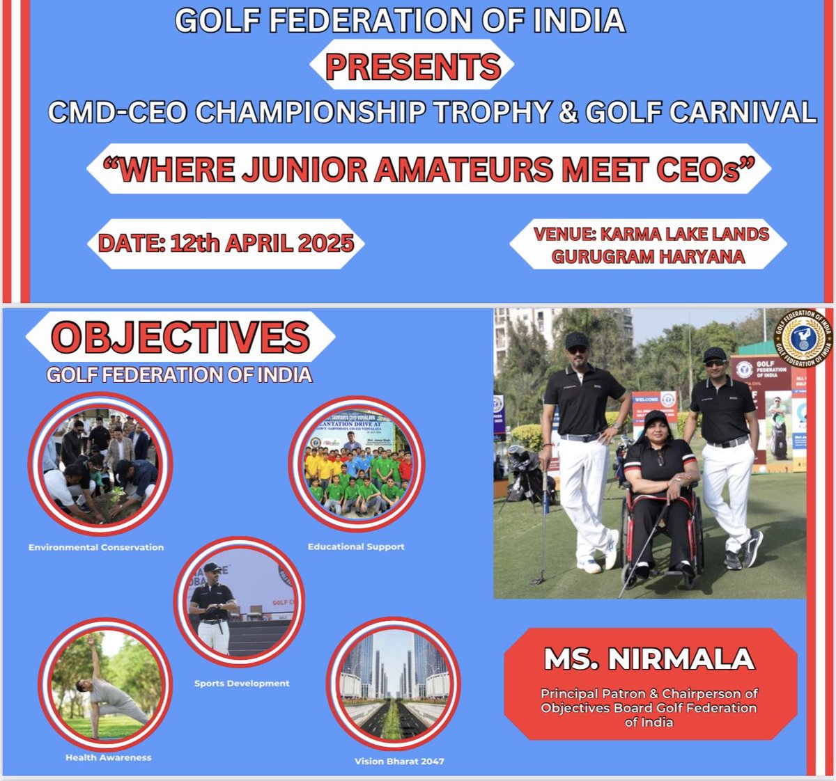 GolfFedIndia's tweet photo. The Golf Federation of India is presenting the CMD &amp; CEO Championship Trophy and Golf Carnival on April 12, 2025, at Karma Lakelands, Gurugram, Haryana. CMDs, CEOs, junior amateurs, and professional golfers will unite for this event. https://t.co/TCLpVImBBf