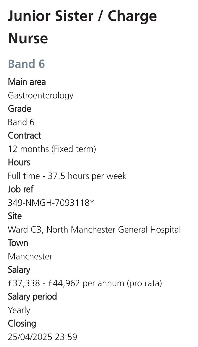 ☆Vacancy☆ 
Would you like to work on a gastroenterology ward? 

We are seeking an individual for a Band 6 Ward Sister / Charge Nurse 12 month fixed term post 😊