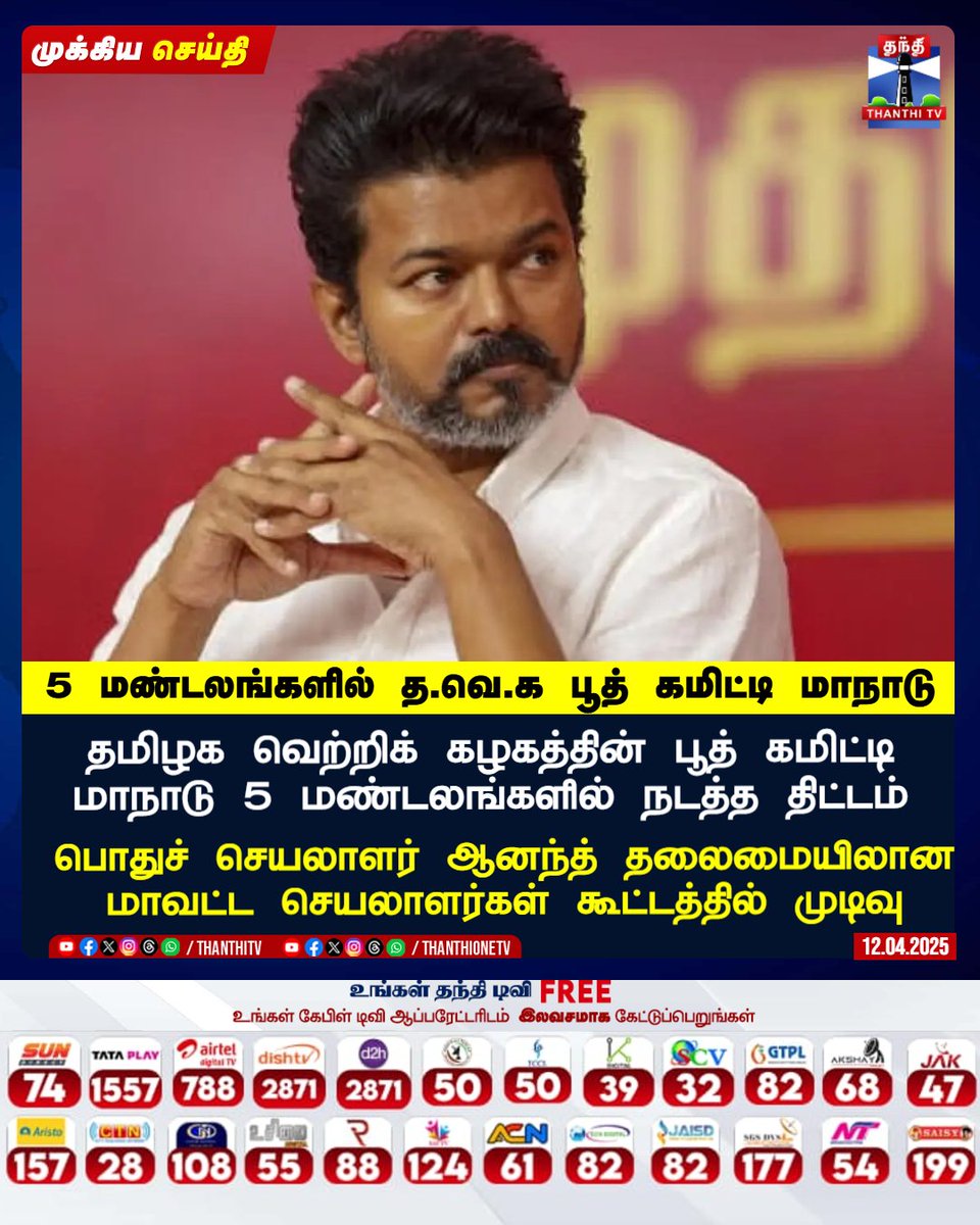#BREAKING தமிழக வெற்றிக் கழகத்தின் பூத் கமிட்டி மாநாடு 5 மண்டலங்களில் நடத்த திட்டம்
பொதுச் செயலாளர் ஆனந்த் தலைமையிலான மாவட்ட செயலாளர்கள் கூட்டத்தில் முடிவு
த.வெ.க தலைவர் விஜய், விரைவில் இது குறித்த அறிவிப்பை வெளியிடுவார் என தகவல்.
#TVK #TVKVijay #Vijay #BoothCommittee #tvkitwing