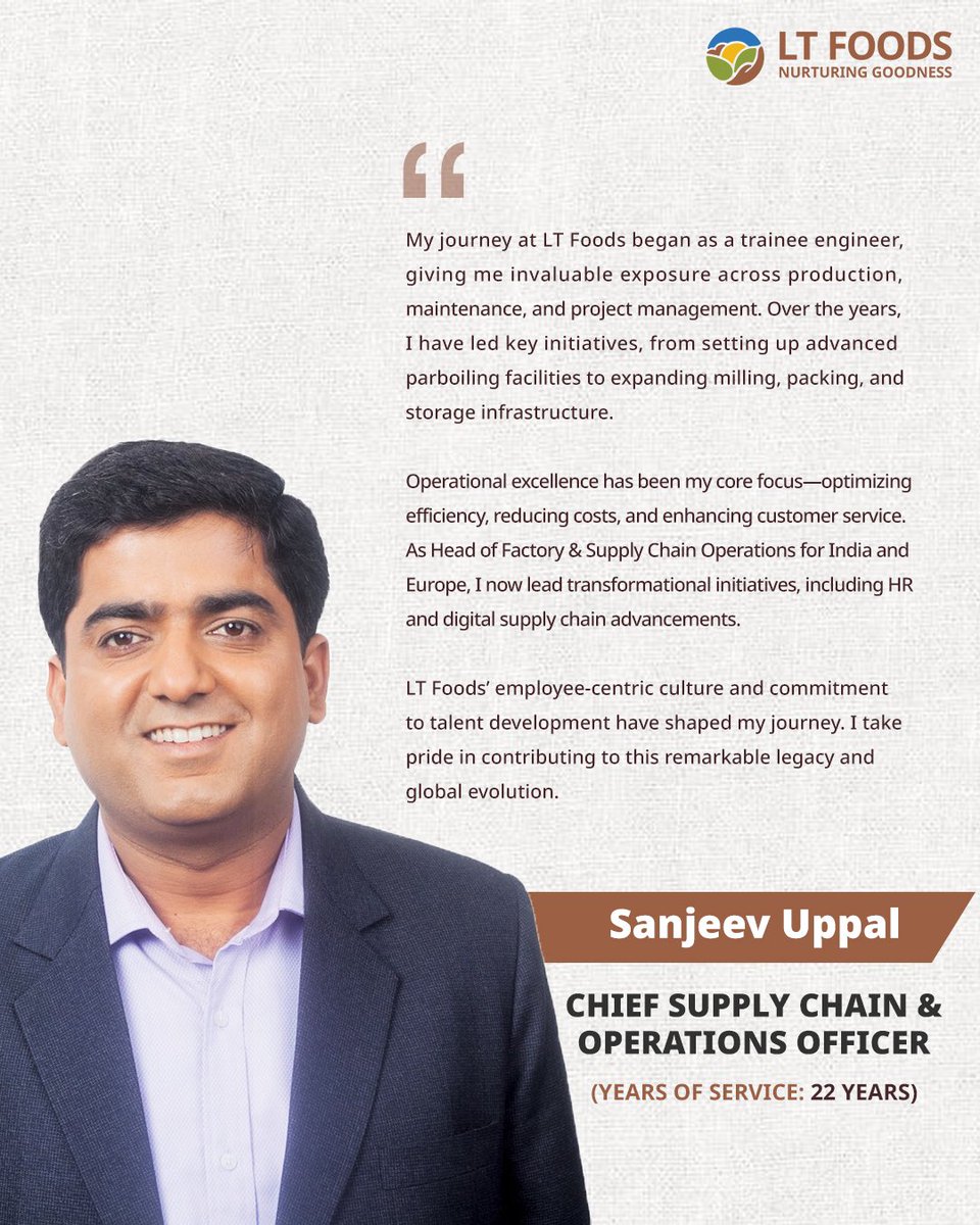 Celebrating 22 years of growth with LT Foods, Sanjeev Uppal’s journey from trainee engineer to Chief Supply Chain &amp; Operations Officer is a true story of innovation, leadership, and impact.

#LTVeteran #LTFoods #FMCG #NurturingGoodness