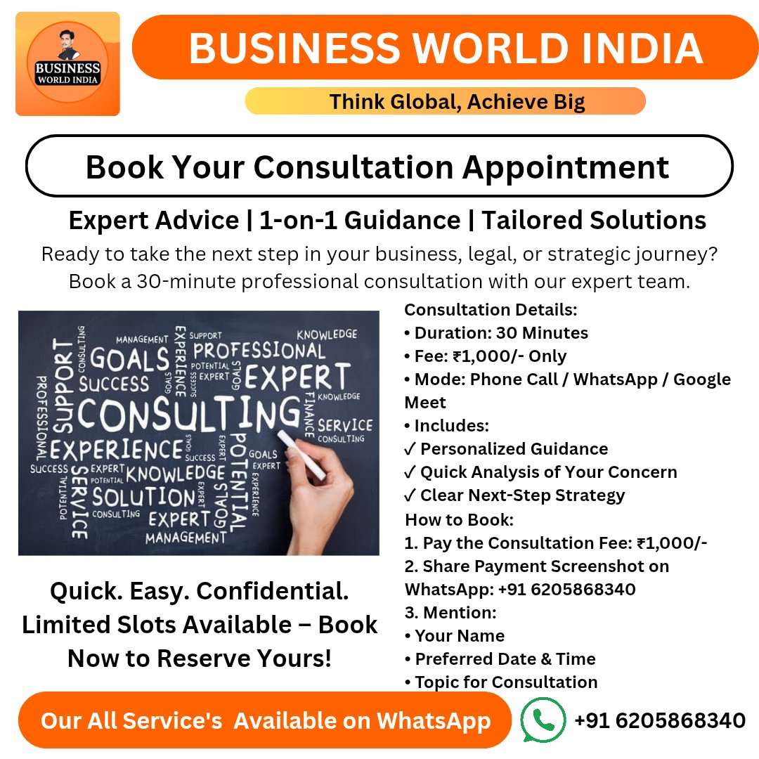 BusinessBwi's tweet photo. Book Your Consultation Appointment

Expert Advice | 1-on-1 Guidance | Tailored Solutions

Consultation Details:
• Duration: 30 Minutes
• Fee: ₹1,000/- Only
• Mode: Phone Call / WhatsApp / Google Meet
• Includes:
✓ Personalized Guidance
✓ Quick Analysis of Your Concern https://t.co/9IqLRmhQZ4