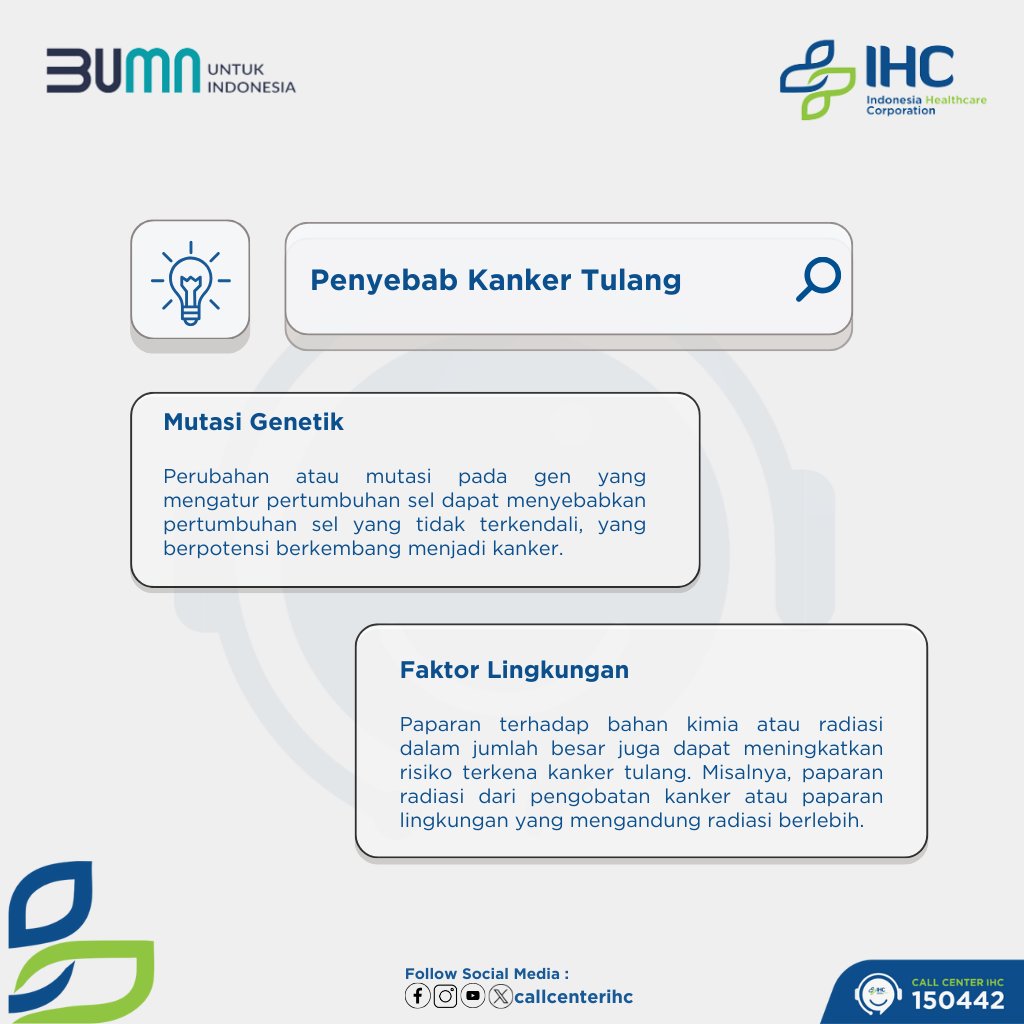 callcenterihc's tweet photo. Penyebab pasti kanker tulang tidak sepenuhnya dipahami, namun faktor-faktor seperti mutasi genetik, paparan radiasi, dan beberapa penyakit tulang tertentu bisa meningkatkan risiko seseorang untuk mengembangkan kanker tulang.

#BUMNuntukIndonesia
#PertamedikaIHC
#CallCenterIHC https://t.co/JgOFtxCg3y