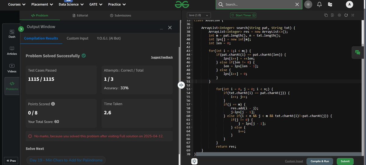 am0lgupta's tweet image. Day 18 ✅ Tackled the KMP Search Pattern algorithm! 1115/1115 test cases passed and the logic finally clicked after a couple of tries. No marks this time, but the learning was 🔥 Worth every second! #gfg160 #KMPAlgorithm #DSA #CodeJourney #NeverStopLearning #geekstreak2025
