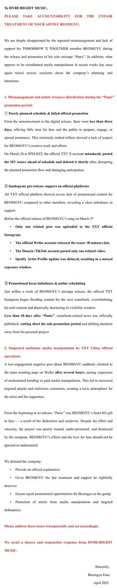 ChinaBeomgyuBar's tweet photo. To HYBE/BIGHIT MUSIC

PLEASE TAKE ACCOUNTABILITY FORTHE UNFAIR TREATMENT OF YOUR ARTIST BEOMGYU‼️

#BighitTreatBeomgyuBetter
#RespectBeomgyuArt https://t.co/7Is4BXYMnD