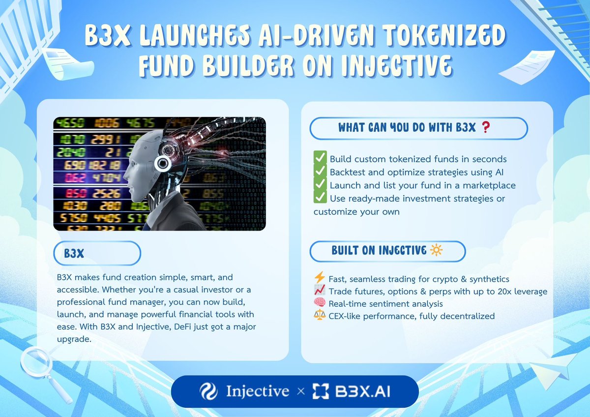 gooddream_ntd's tweet photo. B3X, a DeFi platform, has launched on the Injective blockchain. ‼️

It allows anyone whether a beginner or pro to create and manage investment funds using AI, just by typing simple natural language prompts. No coding is needed. https://t.co/H3rFTlkNrn