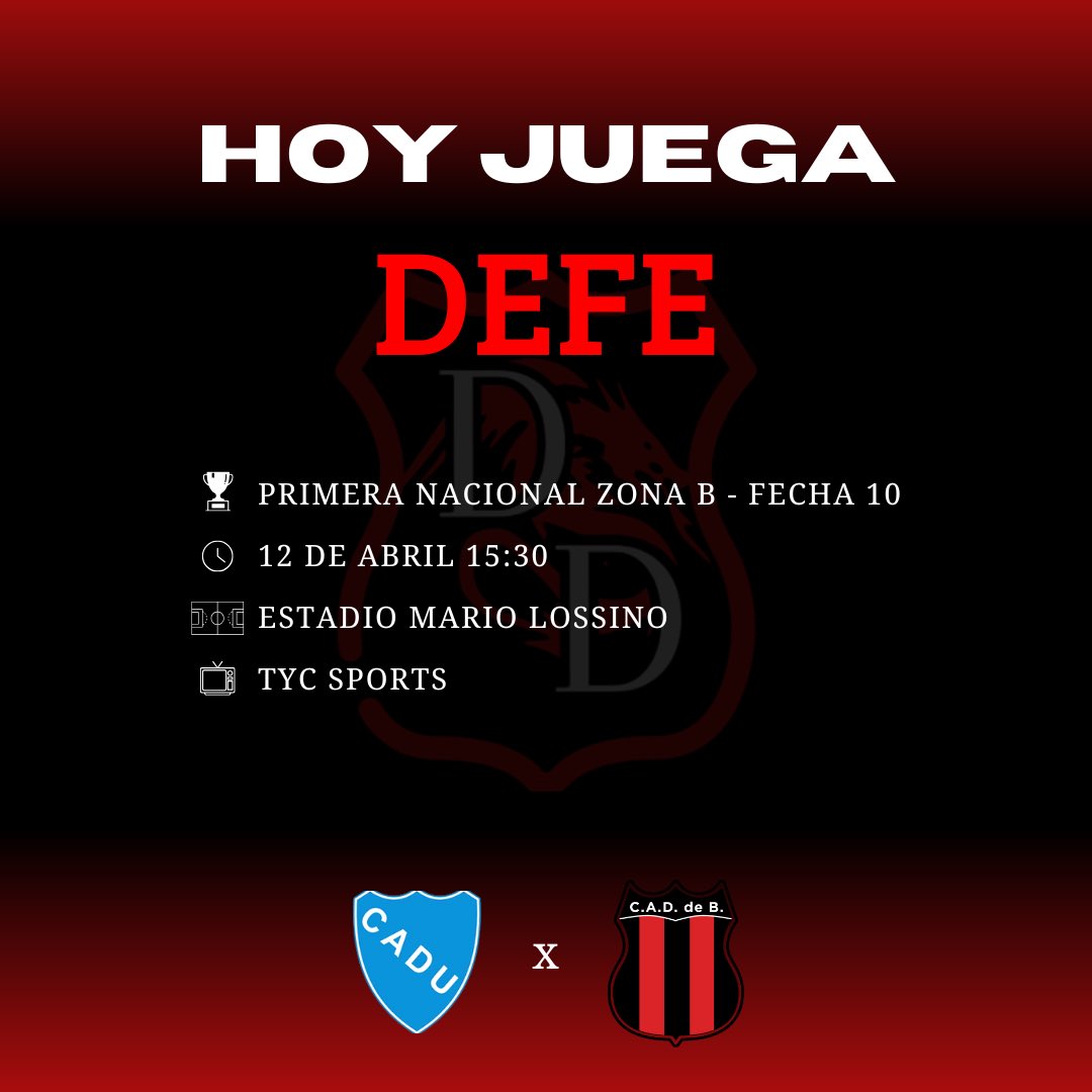 🐉 ¡HOY JUEGA EL DRAGÓN! ❤️

🆚 Defensores Unidos
🏆 Fecha 10 - Primera Nacional
⏰ 15:30
⚖️ Gonzalo Pereira
🏟️ Estadio Mario Losinno

📺 El encuentro se podrá ver por TyC Sports Play.

💪🏻⚽️ ¡Vamos nosotros!

🎙️ <a href="/Olivialedes/">Olivia Ledesma</a> 

#DaleDefe #DefensoresdeBelgrano #PrimeraNacional