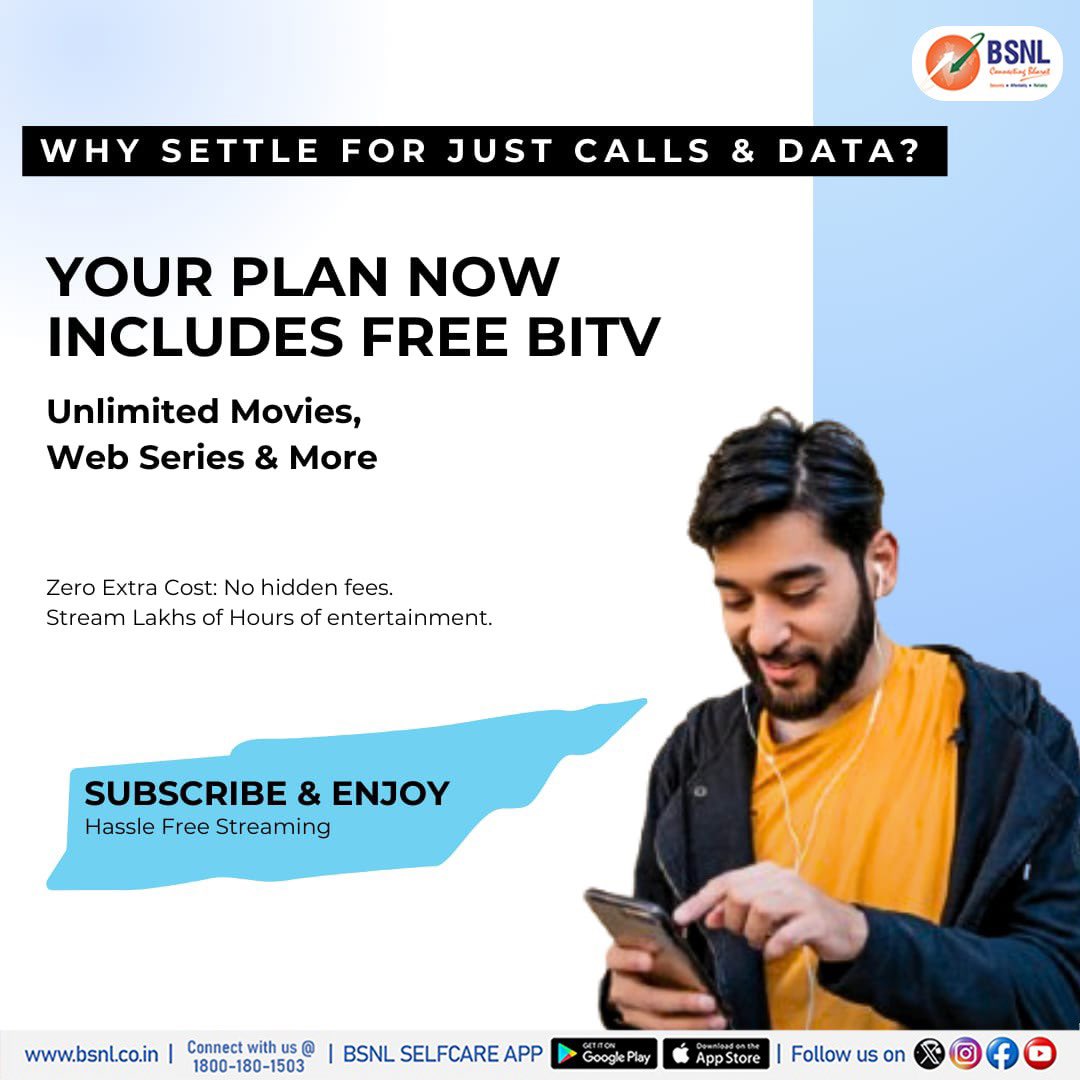 BSNLCorporate's tweet photo. Why settle for just calls & data?

YOUR BSNL PLAN NOW COMES WITH FREE BiTV

Unlimited Movies, web Series & More – Zero Extra Cost, No Hidden Fees!

Binge endless movies & shows without a single buffer.

Subscribe Now & Binge Like Never Before!

#BSNL #FreeStreaming #BiTV #BSNLIndia #ConnectingBharat #ConnectingWithCare

Your mobile plan just got a blockbuster upgrade