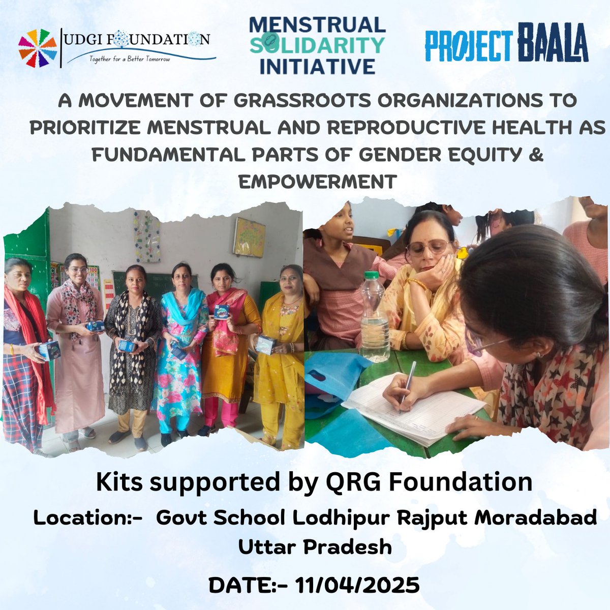 A grassroots movement for menstrual &amp; reproductive health is here! 🌸

With support from QRG Foundation, Project Baala Kit is being implemented by UDGI Foundation to empower women with awareness, dignity &amp; access. 💪

#PeriodPositive #GenderEquity #UDGIFoundation #ProjectBaala