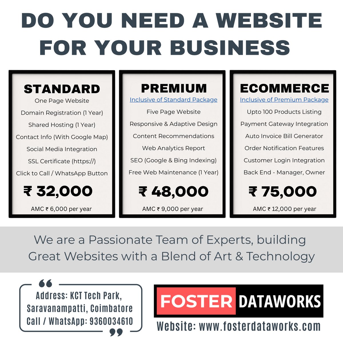 FDataworks's tweet photo. 🚀 Take your business online with a stunning website! 🌐 Foster Dataworks offers Standard, Premium &amp; E-commerce sites with SEO, hosting &amp; more. Start your digital journey today! 📞 9360034610 🌍 https://t.co/MFOlMHeJRY

 #WebDesign #Ecommerce #FosterDataworks https://t.co/S7k6ZQS7Mm