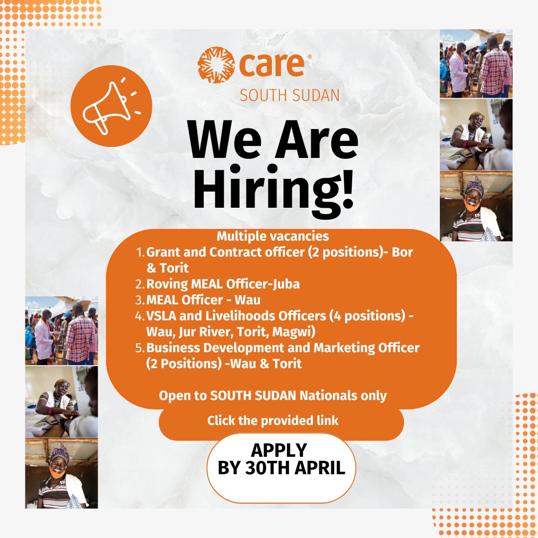 CareSouthSudan's tweet photo. 📢 CARE South Sudan is hiring!
Multiple vacancies open for nationals only.
🗓 Deadline: 30 April 2025
📍 Various locations in South Sudan
🔗 Apply now: https://t.co/tJmpaGn2d9
#Hiring #SouthSudanJobs #CAREers https://t.co/AvHps8FgvT