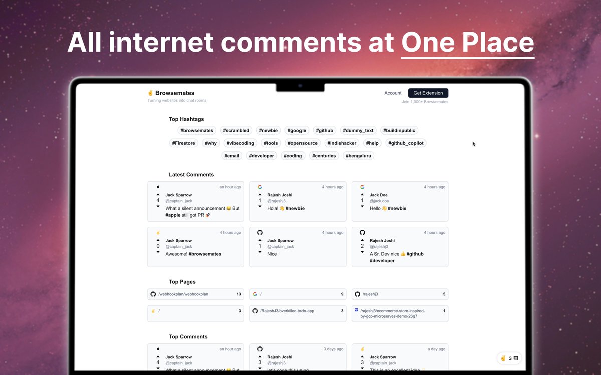 rajeshjoshi_dev's tweet image. Browsemates lets you Leave Comments on any Webpage and discover all discussions by category.

Yep, it supports hashtags(#hashtags) too! 🤩

Give it a try: browsemates.com

#buildinpublic #indiehackers