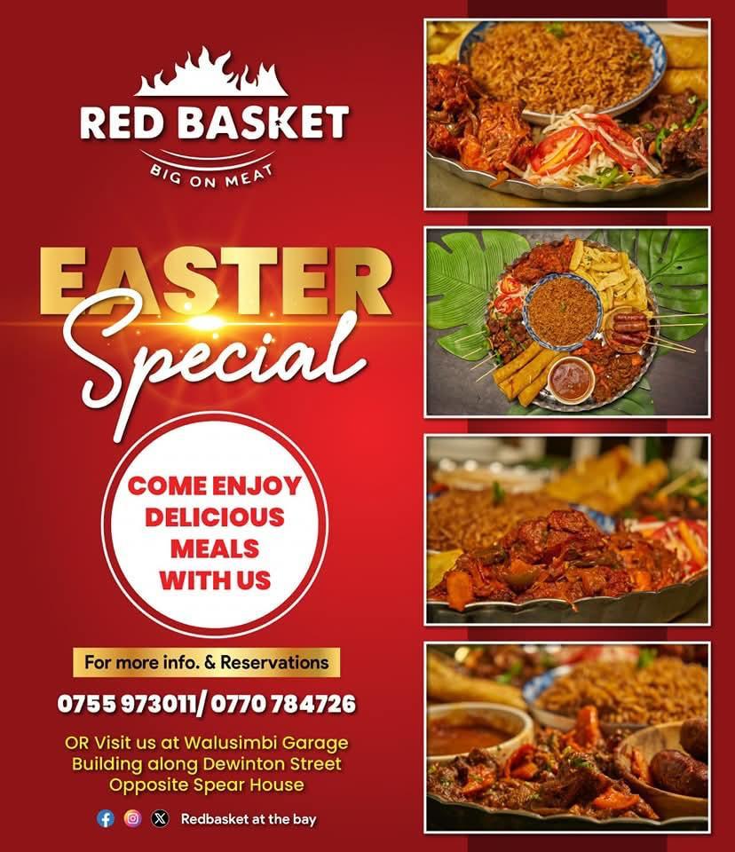 mbales_finest's tweet photo. Good morning, Easter friends! π£ Pre-order your Red Basket Easter Platter to share with loved onesβa delicious feast with meats, sides, Baileys, and chocolate dessert. Visit us at Walusimbi Garage, opposite Spear House, to reserve! #RedBasket #EasterFun https://t.co/6CMsACcMEy