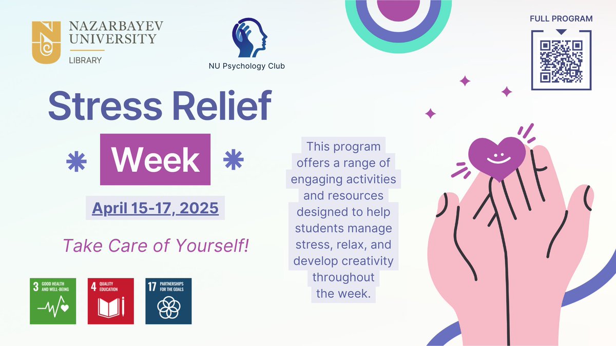 NU_Library_NU's tweet image. 🎨🧘♀️ Join NU Stress Relief Week (Apr 15–17)!
Relax with diamond painting, jewelry DIY, origami & more at the NU Library & NUSOM.
Plus: board games, art therapy & karaoke by NU Psych Club (Apr 14–18). ☕🎲
📍Details: nu-kz.libcal.com/event/4368588?… #NUWellness