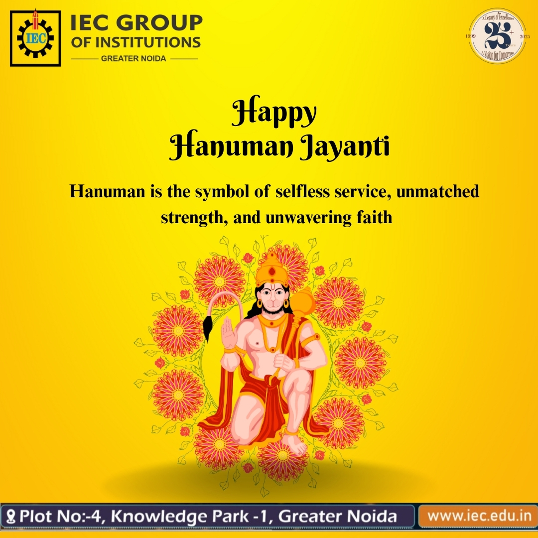 iecforall's tweet photo. 🙏 Happy Hanuman Jayanti 🙏
On this auspicious occasion, IEC Group of Institutions wishes everyone strength, devotion, and unwavering faith.
May Lord Hanuman inspire us with his unmatched courage and selfless service.
🌺 Jai Bajrang Bali! 
#HanumanJayanti #IECGroup #GreaterNoida https://t.co/iwCBmRLVtX
