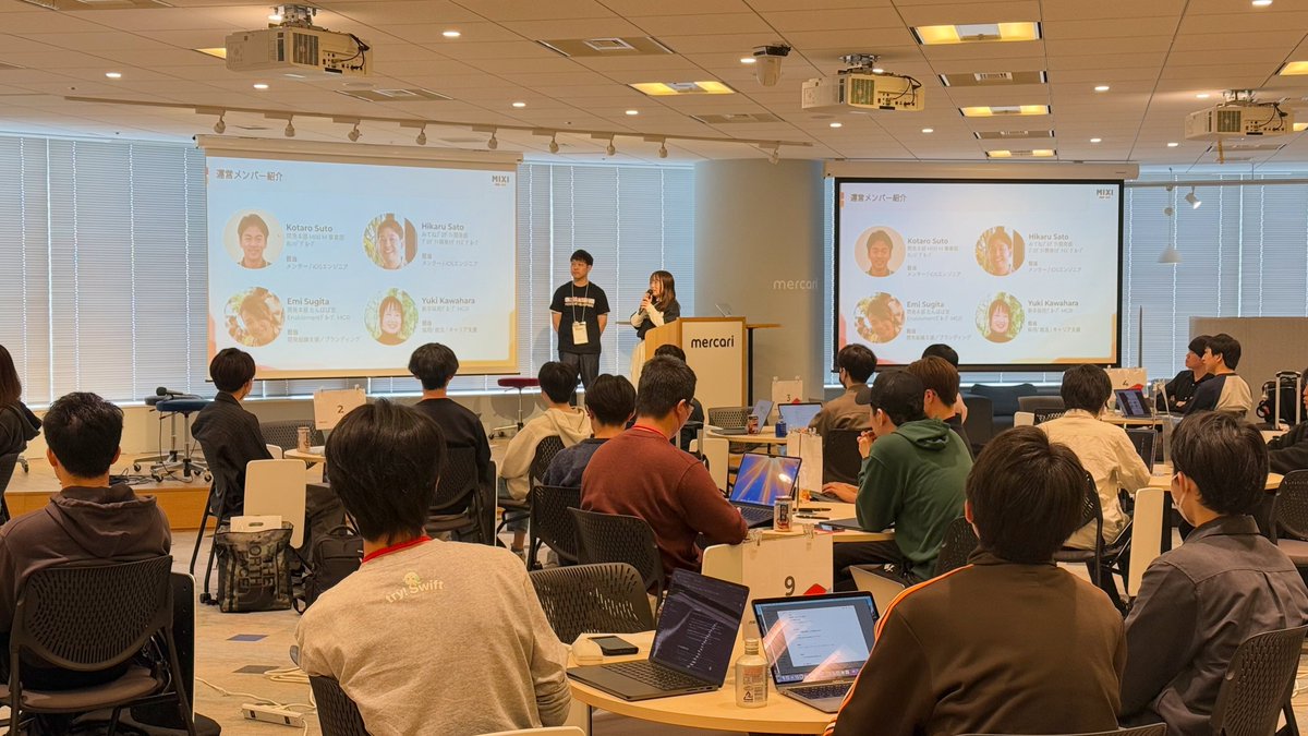 HR_mixi's tweet image. 本日は【try! Swift Tokyo 協賛5社共催 学生向けiOSもくもくハッカソン】開催中！
メルカリ・pixiv・サイボウズ・ZOZO・MIXI合同開催👏

各社LT＆メンター付きの豪華仕様。
お昼を終え、いよいよもくもくタイム突入です💻🔥

#もくもくハッカソン #tryswift