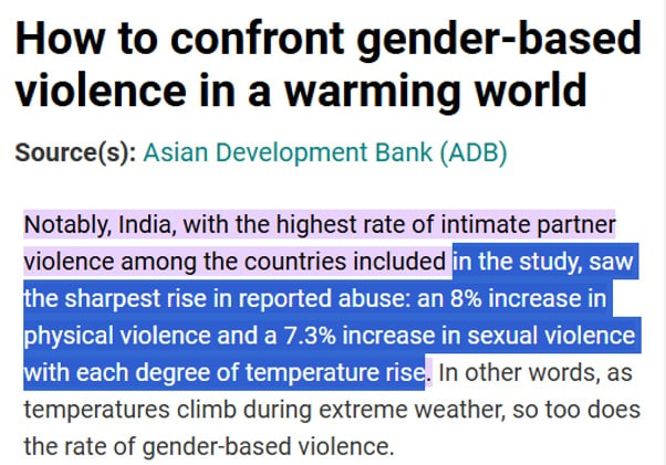 As temperatures climb during extreme weather, so too does the rate of gender-based violence. Source -ADB
जैसे-जैसे मौसम के दौरान तापमान बढ़ता है, वैसे-वैसे लिंग आधारित हिंसा की दर भी बढ़ती है। Source - #ADB #upscprelims2025  #UPSC