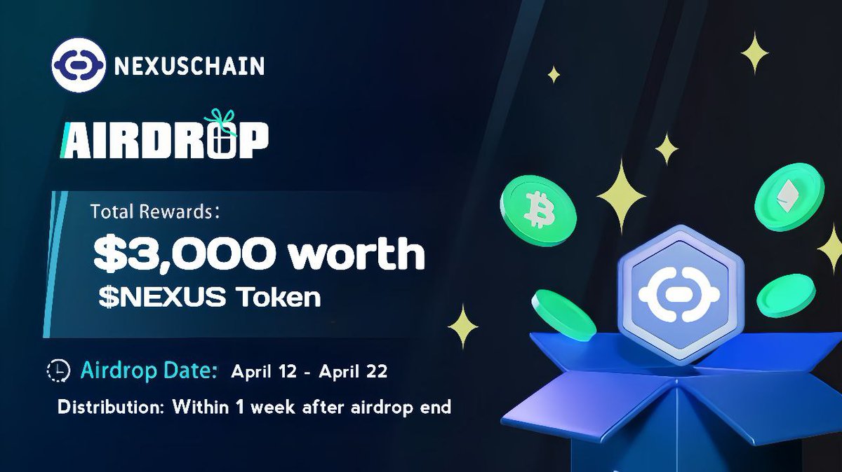 💵NexusChain Airdrop New Round Event! (Previous Round Already Distributed) 

You earn $5 Worth $NEXUS tokens for doing tasks

Airdrop Link: t.me/NexusChainAird…

Distribution: Within 1 week after airdrop end

Top 25 referrals will get more $NEXUS tokens

#Airdrop #NexusChain