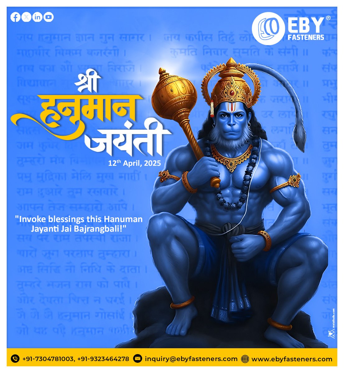 FastenersEby's tweet photo. Wishing you strength, energy, and devotion this Hanuman Jayanti. @FastenersEby  sends blessings of courage and positivity. Jai Hanuman!

 Visit: https://t.co/Ajx0cYVBVo

#HanumanJayanti #Bajrangbali #ForgedPipeNipples #BranchConnections #HanumanChalisa #HanumanJayanti2025 #EIL https://t.co/5tUu0PVV7e