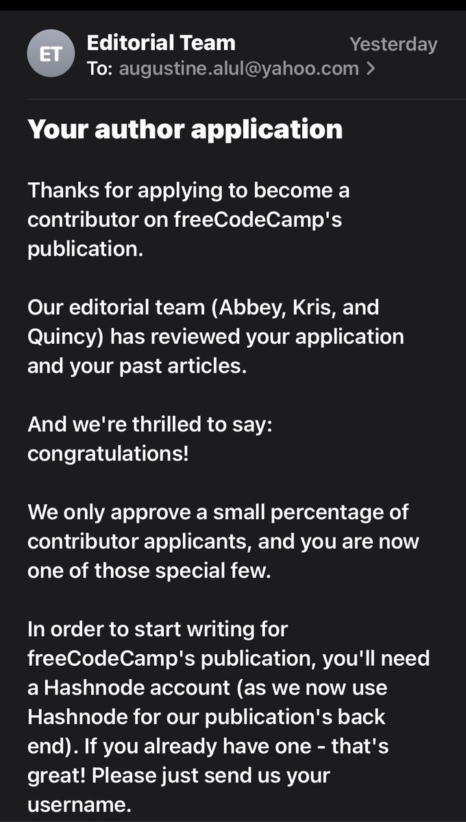 21Alul21's tweet image. I’m glad to have been accepted as a freeCodeCamp contributor. Let’s write more technical materials!

#technicalwriting 
#opensource