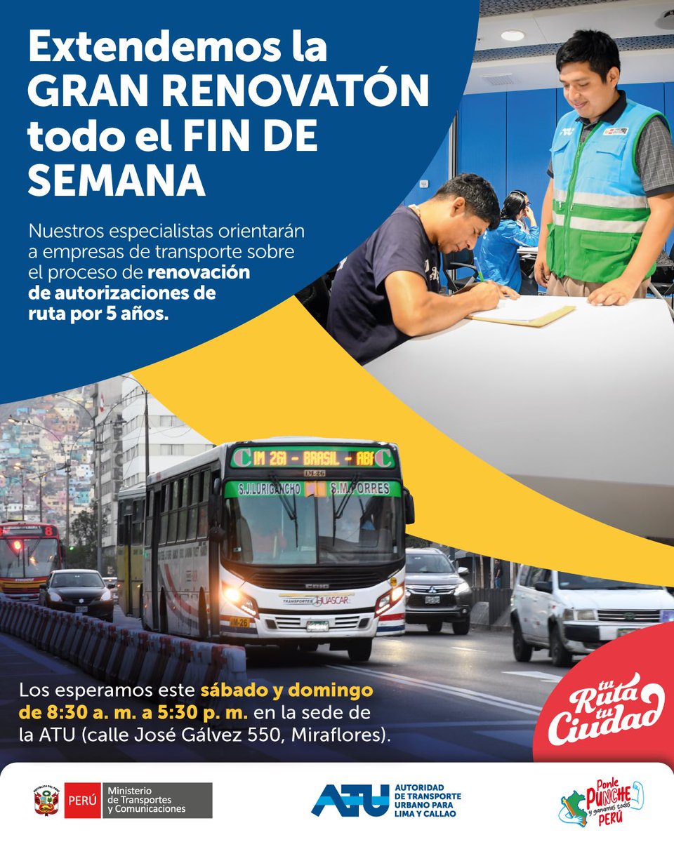 ATU_GobPeru's tweet photo. 📣 Nuestros especialistas explicarán a representantes de empresas de transporte cómo utilizar la Plataforma Virtual de Trámite de la ATU, mediante la cual pueden presentar sus documentos para renovar sus autorizaciones de ruta por 5 años. https://t.co/EgCJ8S9FBa
