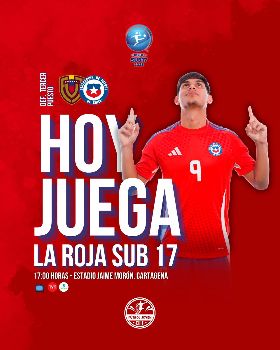 HOY JUEGA #LaRoja 🇨🇱 

🏆 CONMEBOL Sudamericano #Sub17 | Tercer Puesto
🆚 Venezuela 🇻🇪
🕔 17:00 horas 
🏟️ Jaime Morón, Cartagena
📺 <a href="/TVN/">TVN</a> <a href="/DSports/">DSPORTS</a>