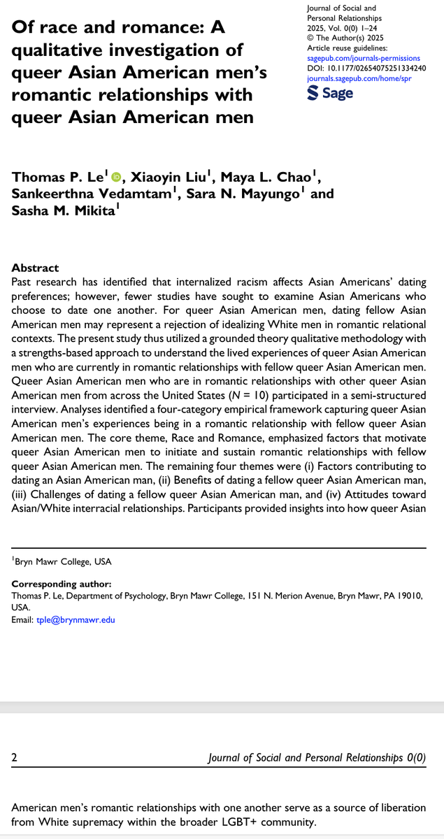 Race and dating, what's that about? In this new pub, my research team investigated the psychological and sociocultural factors that promote queer Asian American men to date one another - as well as the consequences of doing so. Nuanced strengths-based findings prevail!