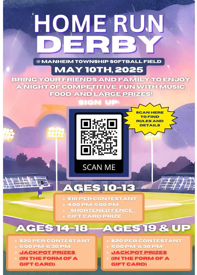 Bring the brawn and your best bat to this Booster
Club fundraiser.
Register using the QR code.
3 Age groups, so kids!, JV/Varsity, Alumni &amp; Old Moms &amp; Dads (not me, unless the prize is chicken) Come on out!
