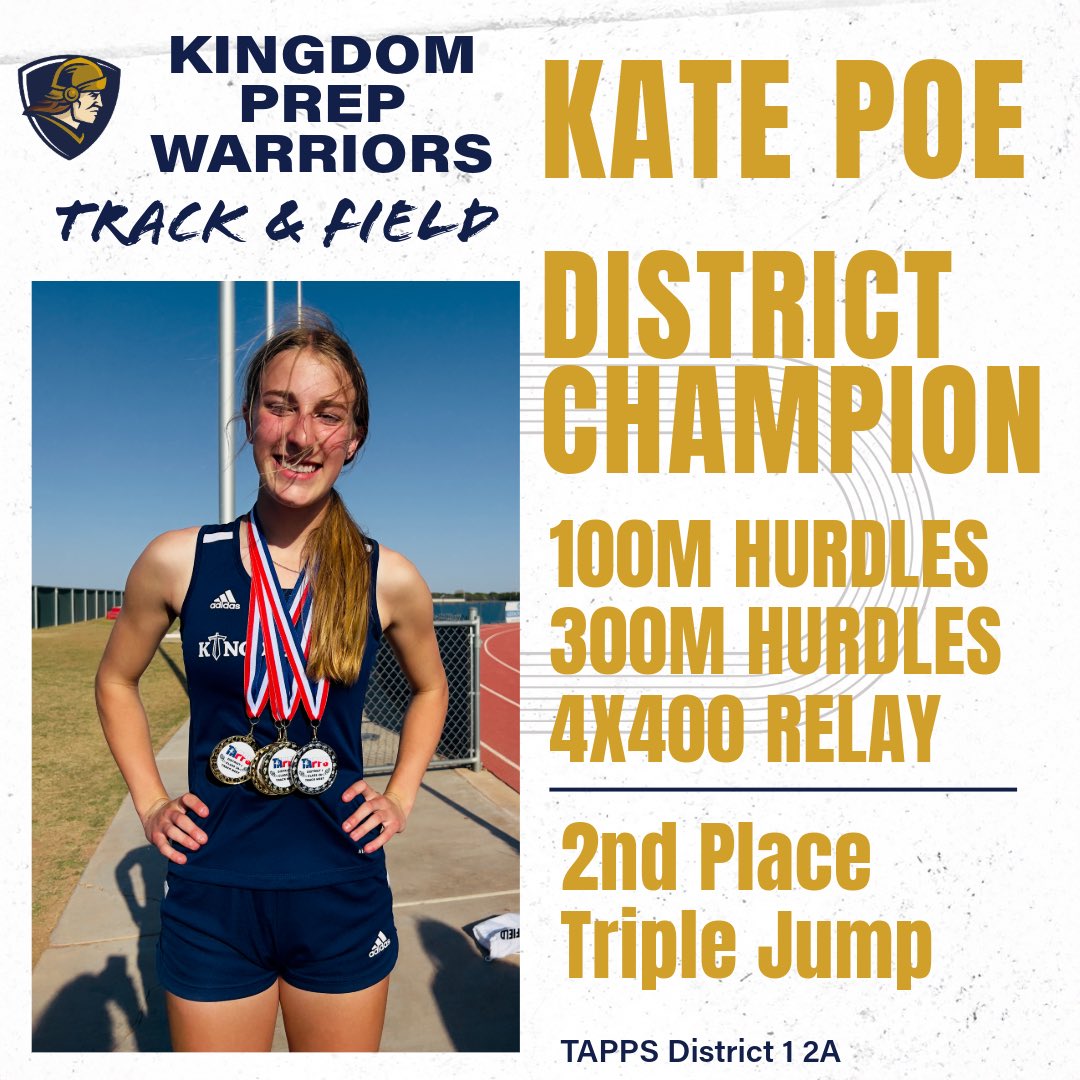 KPA_Warriors's tweet photo. Congratulations to freshman Kate Poe! District champion in the 100M and 300M hurdles!

#kpawarriors
#warriorfamily 
@RandyRosetta @pchristy11 @806hsscmedia https://t.co/3XlBgHtSwo