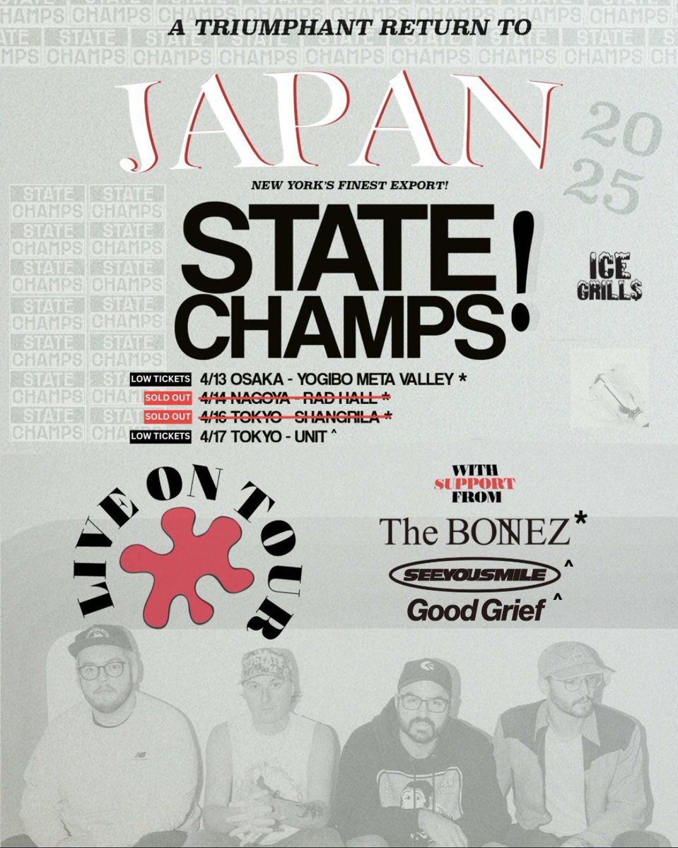 icegrillsjp's tweet photo. 🌸TOMORROW🌸

4/13(SUN) 大阪Yogibo META VALLEY

STATE CHAMPS🇺🇸
The BONEZ🇯🇵

Doors 17:30 / Start 18:30

明日はいよいよツアー初日！

🎫e+は18時まで
https://t.co/2sB7aQOTGm
🎫会場引換
https://t.co/DJUuBsuNki

終演後はHeavenly Burgerも食べれるので合わせて大阪の夜を楽しみましょう🍔 https://t.co/CezhUGsF2u