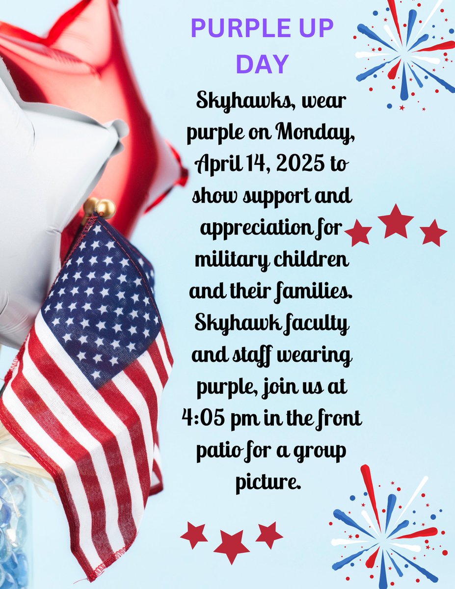 Join us for #PurpleUp Day on April 14, to show your support and appreciation for military students and families. #skyhawkpride 
<a href="/KSMSCounseling/">StinsonCounseling</a> 
<a href="/stinsonprincess/">Lourdes Medina</a> 
<a href="/garza_elda5/">Elda Garza</a> 
<a href="/LBoyett17/">Linda Boyett</a>