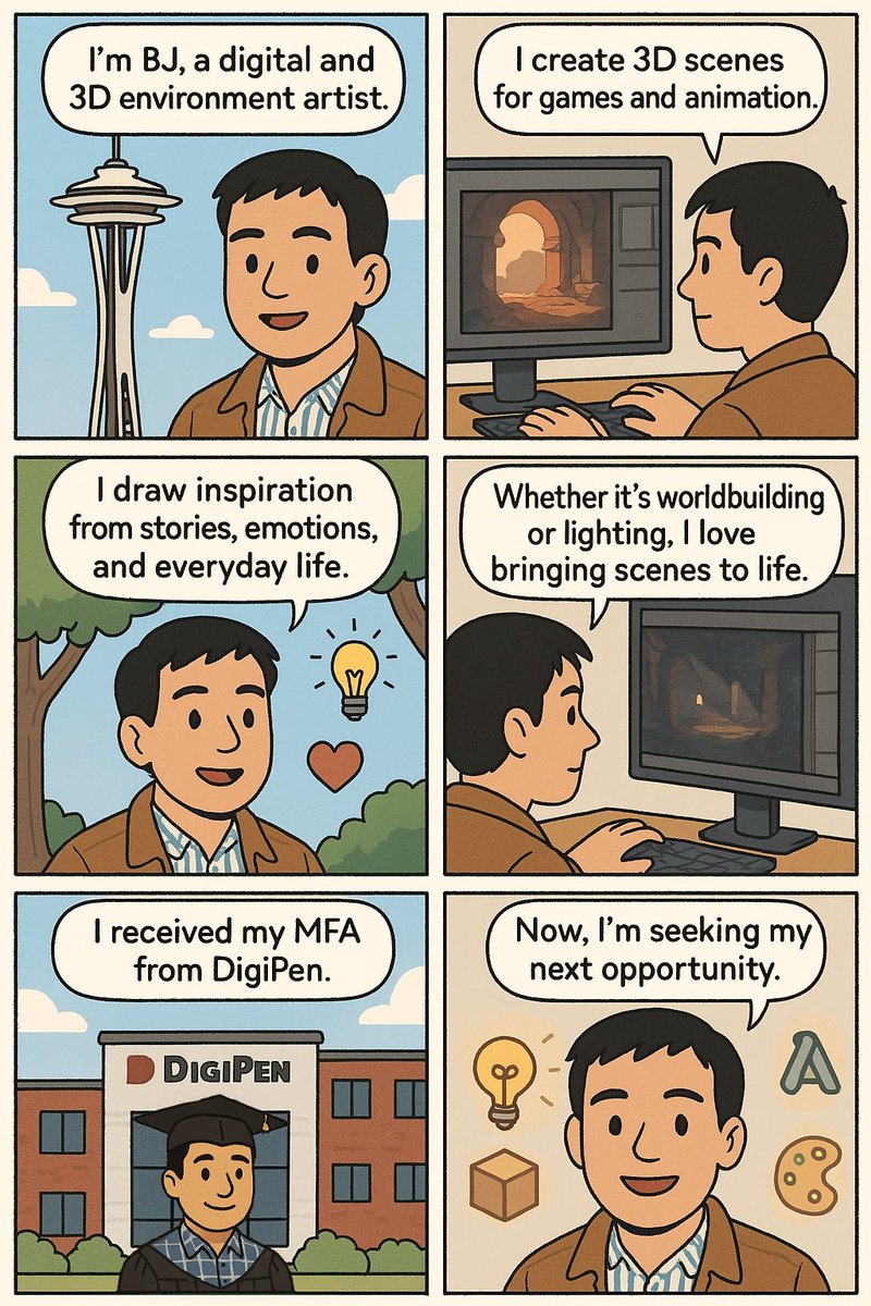 BjLin10's tweet photo. After GPT's memory feature was added, I discovered a new application. I saw this on LinkedIn - it can generate a personalized comic based on what it knows about you. Without adding any other information, it automatically created a job-seeking comic for me. It really understands me well!
Everyone should try it. You can see the prompt I wrote in the comments section below.

Btw, the content is totally real: I'm still looking for my next opportunity! XD
#AIComics #DigitalArtist #3DEnvironmentArt #JobSeeking #PortfolioShowcase #ChatGPT