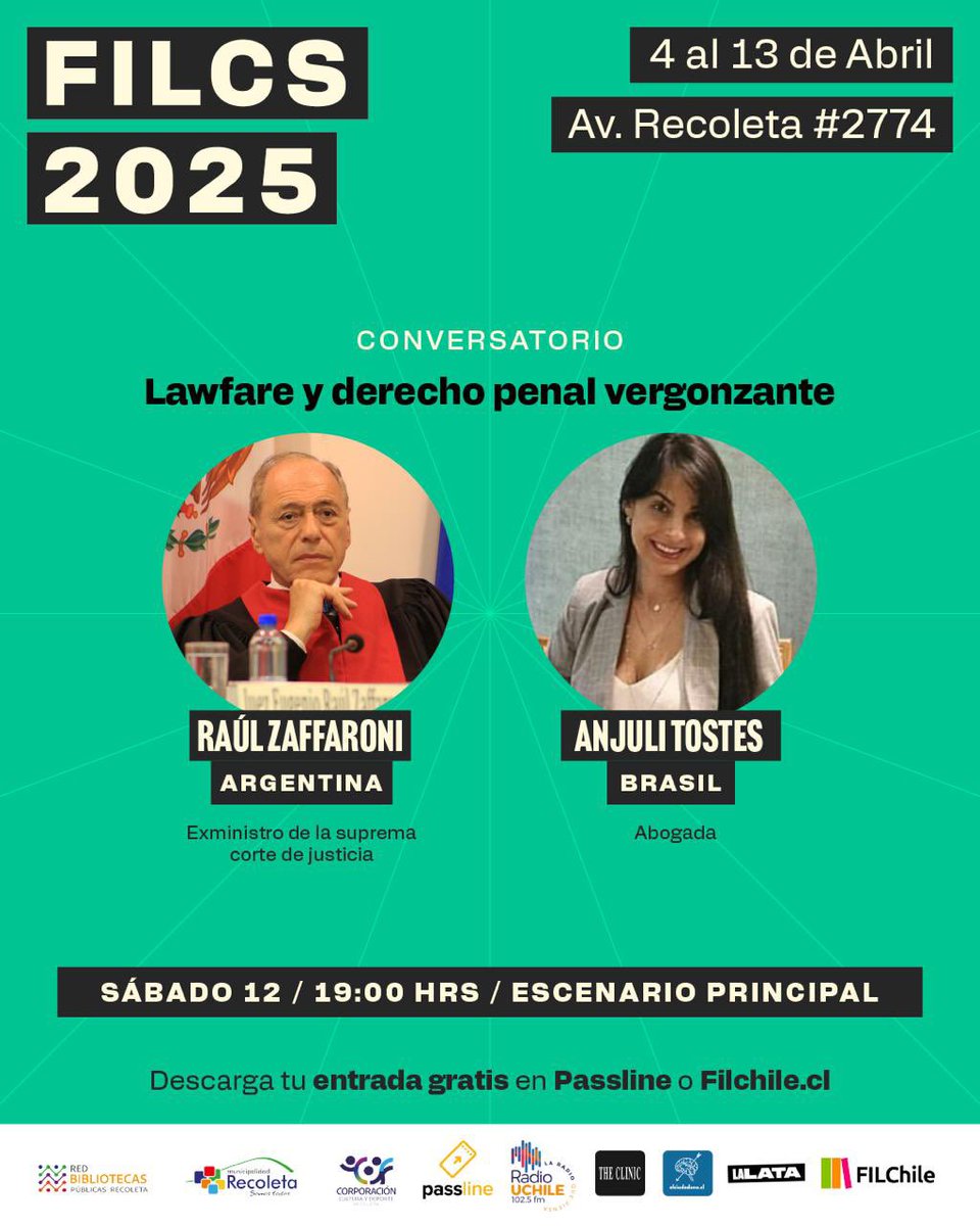 ¡Amigos y amigas! Mañana estaremos en la <a href="/filchile/">Feria Internacional del Libro Chile</a> junto al gran jurista y teórico del derecho penal, Raúl Zaffaroni.

Conversaremos sobre el #Lawfare y el derecho penal vergonzante, fenómeno que busca destruir los proyectos populares y democráticos.

Modera <a href="/JPSanhuezaT/">Juan Pablo Sanhueza</a>