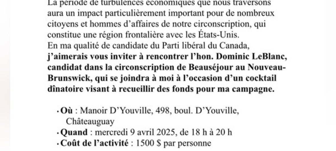 « Hommes d’affaires de notre circonscription » ? 

Donc tu paies 1500$ et les « hommes d’affaires » peuvent parler au ministre des Finances ? 

Malaise.
