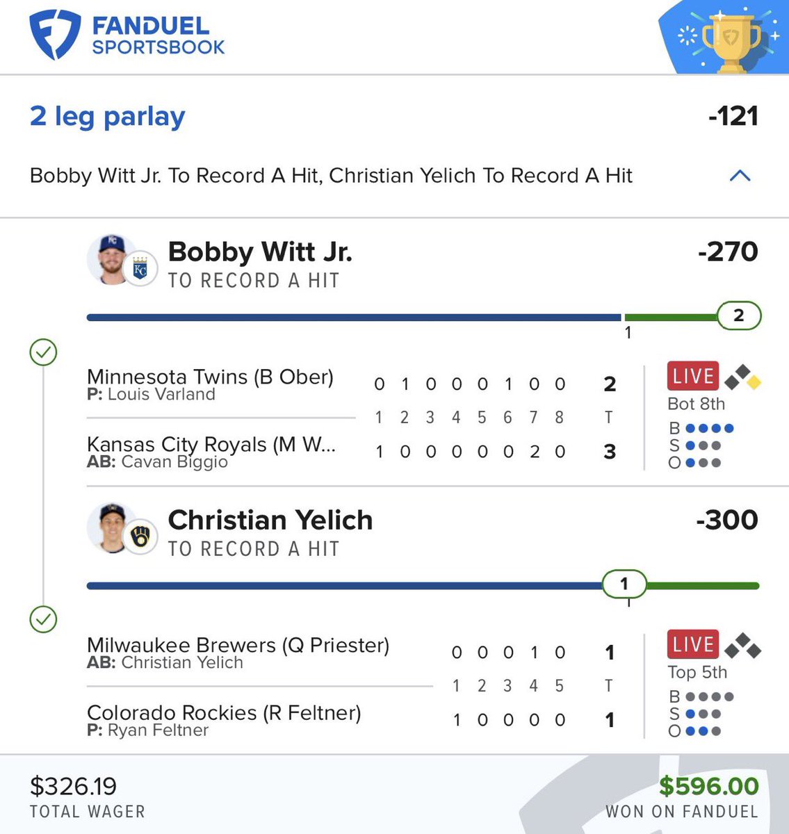 HoodRich4Pres's tweet photo. $100 -> $1000 Challenge Recap ⬇️

Day 1 - Ohtani/Bobby Hit Lay ✅
Day 2 - Ohtani/Duran Hit Lay ✅
Day 3 -  Bobby/Yelich Hit Lay✅
Day 4 -  Yandy/Yordan Hit Lay✅

4 days, $1000 made 🏆
ALL DONE FOR FREE 🚀 https://t.co/P8sOB15X0q