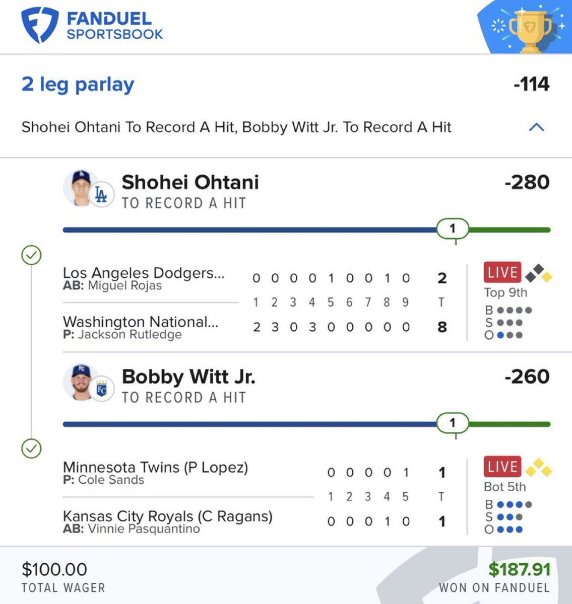 HoodRich4Pres's tweet photo. $100 -> $1000 Challenge Recap ⬇️

Day 1 - Ohtani/Bobby Hit Lay ✅
Day 2 - Ohtani/Duran Hit Lay ✅
Day 3 -  Bobby/Yelich Hit Lay✅
Day 4 -  Yandy/Yordan Hit Lay✅

4 days, $1000 made 🏆
ALL DONE FOR FREE 🚀 https://t.co/P8sOB15X0q