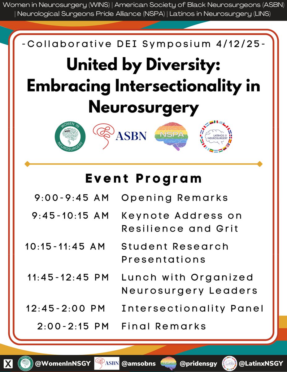 We wanted to remind everyone about the 2025 Collaborative Neurosurgery DEI Symposium happening TOMORROW. Join us to hear special remarks by Dr. Quiñones embracing intersectionality in #neurosurgery! See you tomorrow @ 9 AM - 2:15 PM CT over Zoom.