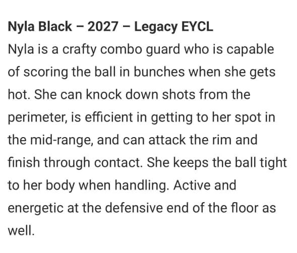 Nyla Black (@nylablack2027) on Twitter photo Thanks <a href="/JrAllStarBB/">Jr. All-Star Girls Basketball</a> & <a href="/PriceJameson1/">Jameson Price</a> for the coverage at the <a href="/SUTSReport/">SUTS Report</a> Tournament. <a href="/TEAMLEGACYGIRLZ/">LEGACY GIRLZ</a> <a href="/LegacyNike17u/">Legacy Nike EYCL 17u</a> Thanks <a href="/JrAllStarBB/">Jr. All-Star Girls Basketball</a> & <a href="/PriceJameson1/">Jameson Price</a> for the coverage at the <a href="/SUTSReport/">SUTS Report</a> Tournament. <a href="/TEAMLEGACYGIRLZ/">LEGACY GIRLZ</a> <a href="/LegacyNike17u/">Legacy Nike EYCL 17u</a>