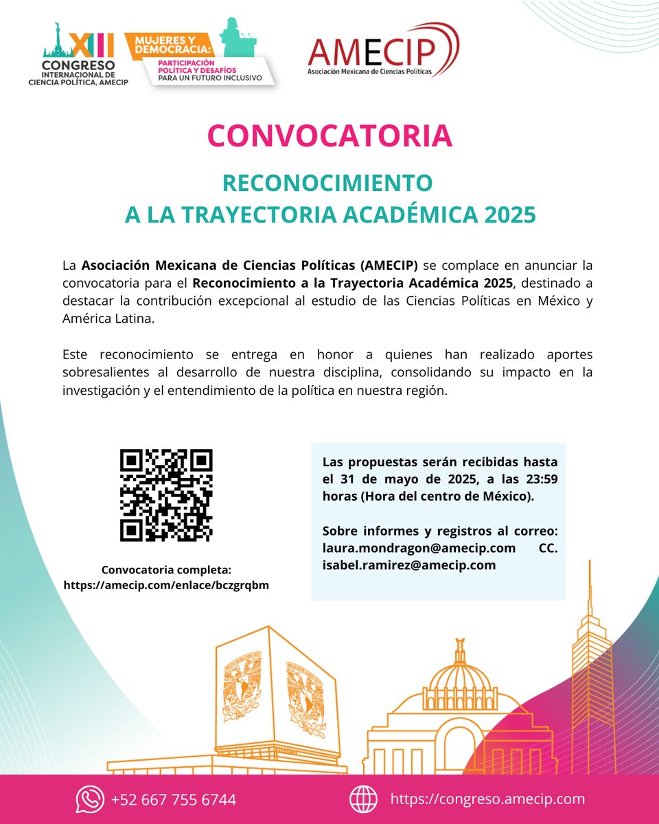 📢 AMECIP | Convocatoria a la Trayectoria Académica 2025
🎓 ¿Cuentas con una trayectoria académica sobresaliente?
Reconocemos el compromiso, la excelencia y la contribución de quienes han dedicado su vida al estudio y fortalecimiento de la ciencia política.
Consulta la