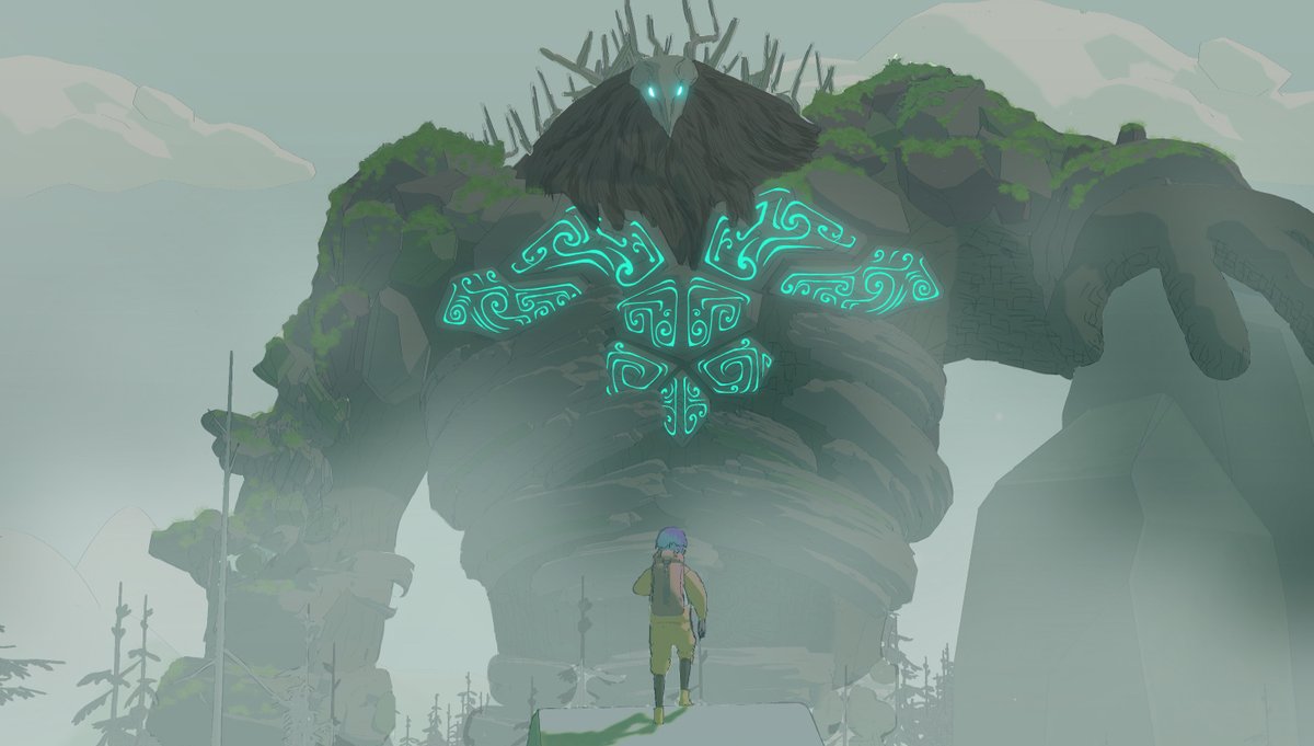 SandVehicle's tweet image. バンド・デシネ風の世界観で巨人に登るゲームを作っています。現在は巨人登りならではの風景（肩の頂上で巨人と目が合う、巨人の背中広場を発見する）の検証をしています #スーパーゲ制デー #Unity