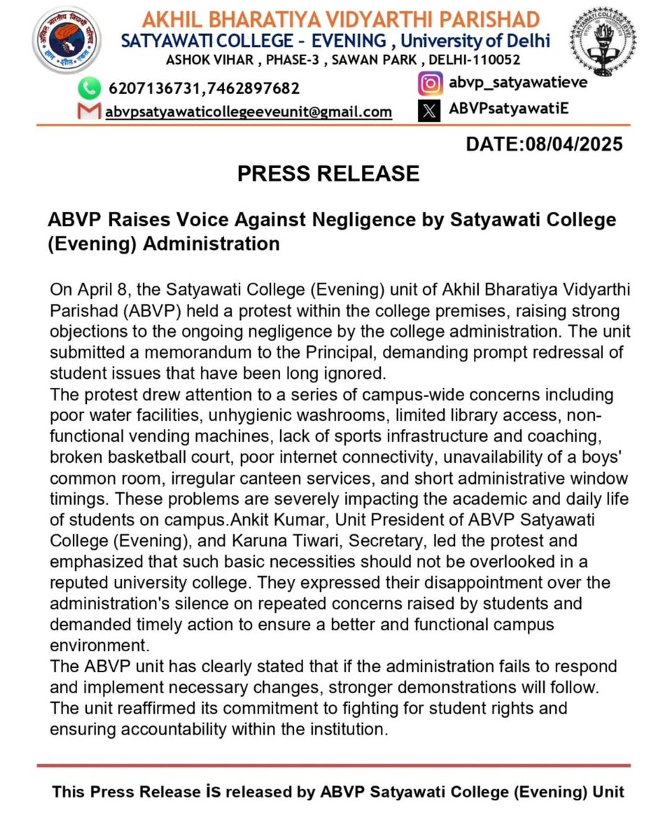 ABVPSatyawatiE's tweet photo. PRESS RELEASE 
ABVP SATYAWATI COLLEGE EVENING UNIT. 
#abvpvoice
#abvpdelhi 
#studentspowernationpower https://t.co/ND3YVYpTmB