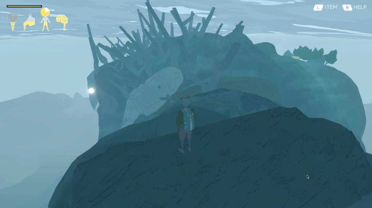 SandVehicle's tweet image. バンド・デシネ風の世界観で巨人に登るゲームを作っています。現在は巨人登りならではの風景（肩の頂上で巨人と目が合う、巨人の背中広場を発見する）の検証をしています #スーパーゲ制デー #Unity