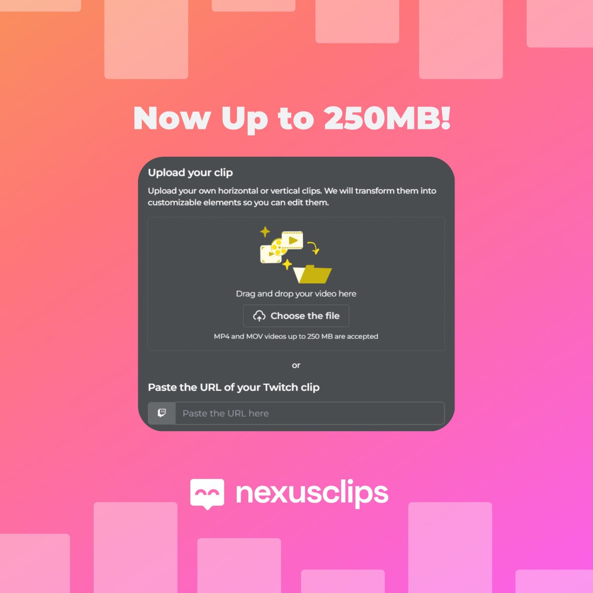 NexusClips's tweet photo. Big News on Nexus Clips! ๐ฌ
You can now import clips up to 250MB for fast and easy editing and subtitling. ๐ฅ
More freedom, better quality, no hassle. Optimize your content in seconds! โณโจ
#NexusClips #CreateWithoutLimits #ContentCreation #VideoEditing #AutoSubtitles https://t.co/UaMDRW1DoU