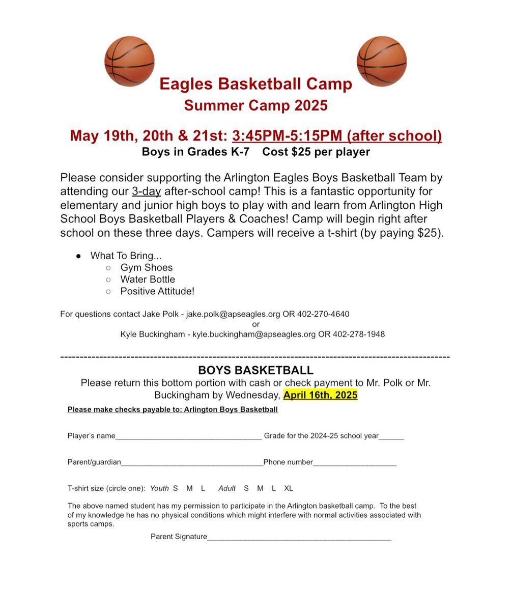Forms went home recently with K-7th grade boys for our youth camp at the end of the school year! Looking forward to it! 🏀 #GoEagles🦅