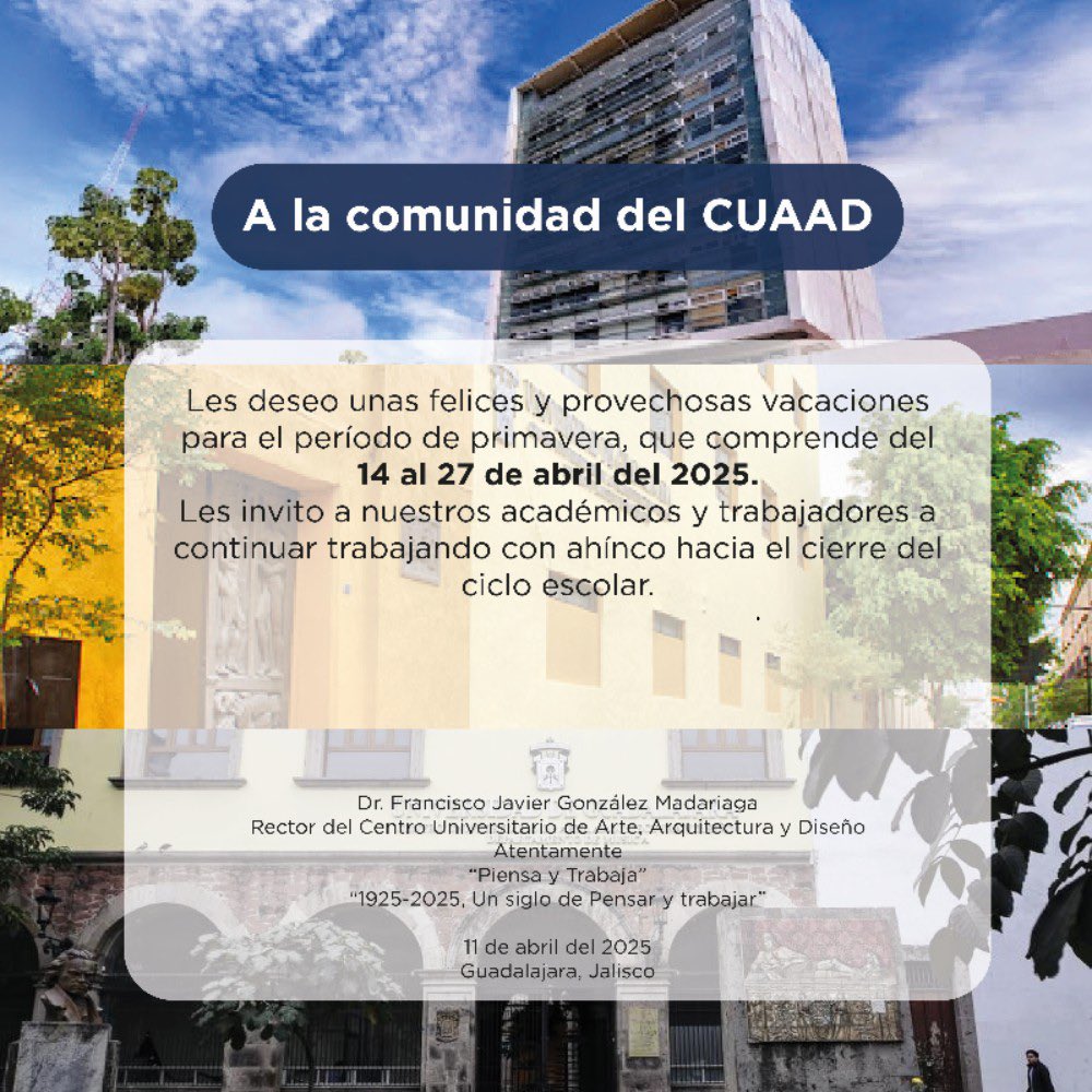 Anhelo que gocen de unas agradables y merecidas vacaciones de primavera, en compañía de sus familias, seres queridos y amistades. 🫂✨☀️

Nos vemos de regreso para finalizar el semestre de la mejor manera. 😉