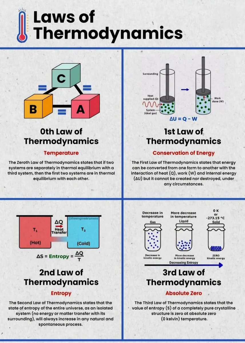 The laws of thermodynamics are fundamental principles that describe how energy behaves in a system. There are four main laws:

1. Zeroth Law of Thermodynamics (Thermal Equilibrium)

If two systems are in thermal equilibrium with a third system, then they are in thermal
