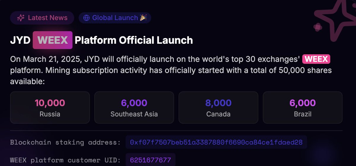 jydcoin's tweet photo. 🚨 IT’S OFFICIAL! 🚨
JYD is now live on WEEX, one of the world's top 30 exchanges! 🔥
🌍 50,000 shares available:
🇷🇺 Russia: 10K
🇸🇬 SEA: 6K
🇨🇦 Canada: 8K
🇧🇷 Brazil: 6K

Staking has started. Mining is open. We're just getting started
💥 Are you in? Have you invested yet?
#JYCoin #WEEX #CryptoLaunch #Web3