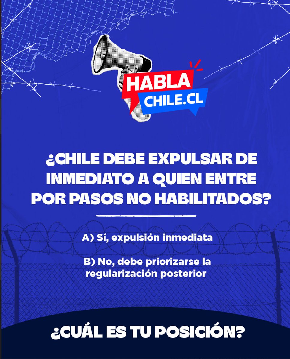 Ayúdanos participando en el #HablaChile contestando una simple pregunta.

🔹Si crees que Chile debe expulsar inmediatamente a los inmigrantes ilegales dale RT 🔁

🔹Si crees que Chile debe regularizar a los inmigrantes ilegales, ponle Like 🖤