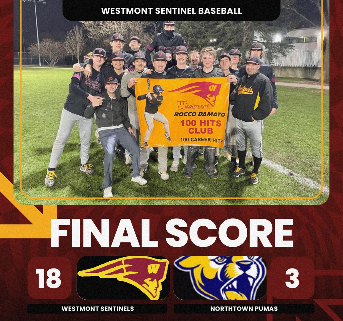 Westmont_BB's tweet photo. Westmont 18 Chicago (CICS/Northtown) 3. Westmont improves to 7-6-1 on the season and 4-0 in the Chicago Prep Conference. Nathaniel Ollier gets the Win on the mound! Huge congrats to Rocco Damato who became just the 20th member of the 100 Hits club!!! https://t.co/aNGG8eVt3J