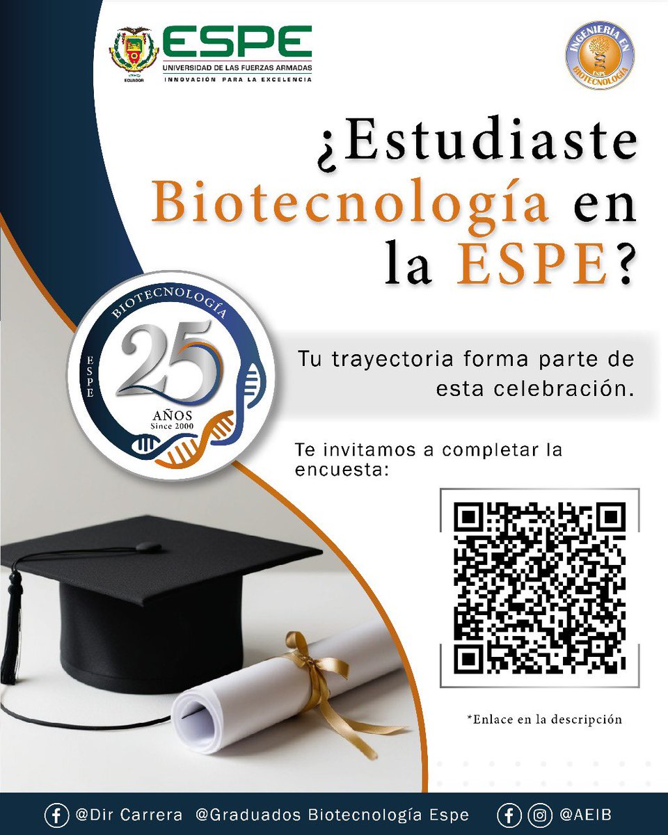 🎉 ¡Biotecnología <a href="/ESPEU/">ESPE</a> cumple 25 años! 🧬
¿Fuiste parte de esta gran familia?
Entonces... ¡esta celebración también es tuya! 💚✨
Queremos rendirte homenaje 🙌
Tu esfuerzo, tu historia y tu paso por la carrera han dejado huella.
👩‍🔬👨‍🔬 ¡Y ahora es momento de revivirla juntos !